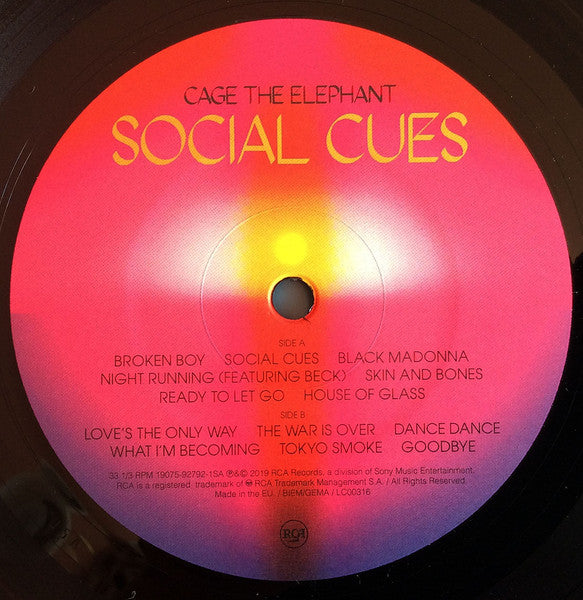 Image of Label Cover of LP - VG/VG - CAGE THE ELEPHANT, Social Cues (RCA; 19075-92792-1, Europe 2019, Gatefold, No Insert), ,  - 4226197E