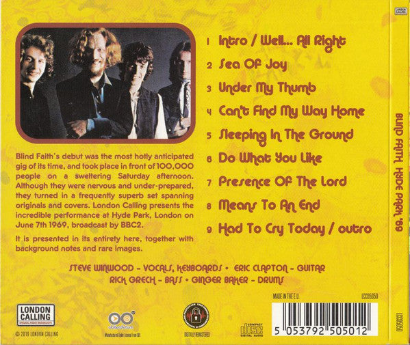 Image of Back Cover of 3234006E: CD - BLIND FAITH, Hyde Park '69 (London Calling; LCCD5050, UK 2020, Digipak)   VG+/VG+