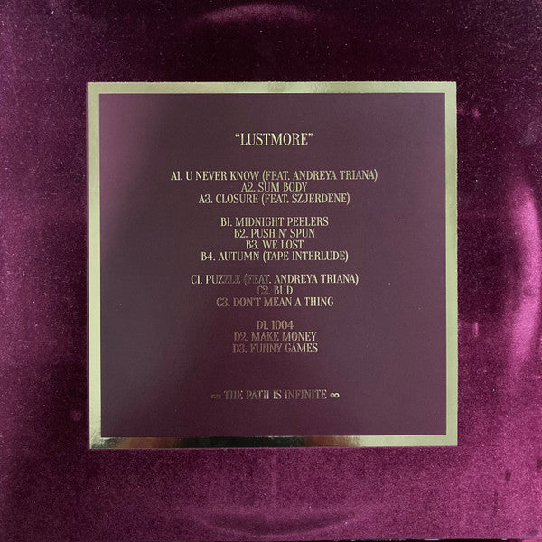 Image of Back Cover of 2xLP - VG/EX - LAPALUX, Lustmore (Brainfeeder; BF047, UK, Europe & US 2015, Picture Sleeve, 2 Inners, Translucent Orange/Black spash vinyl. Back of sleeve draped in velvet. Gold foil front.), Sleeve has some light corner wear, and small tear on top spine. Discs look unplayed.,  - 3626493E