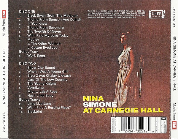 Image of Back Cover of 3214154C: 2xCD - NINA SIMONE, At Carnegie Hall (Colpix Records; 7243 4 73221 2 9, Europe 2005, Jewel Case)   VG+/VG+