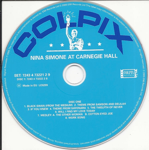 Image of Label of 3214154C: 2xCD - NINA SIMONE, At Carnegie Hall (Colpix Records; 7243 4 73221 2 9, Europe 2005, Jewel Case)   VG+/VG+