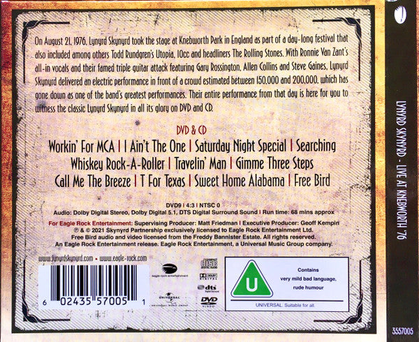 Image of Back Cover of 3234050E: CD - LYNYRD SKYNYRD, Live At Knebworth  76 (Eagle Rock; 3557005, Europe 2021, Triple Digipak)   VG+/EX