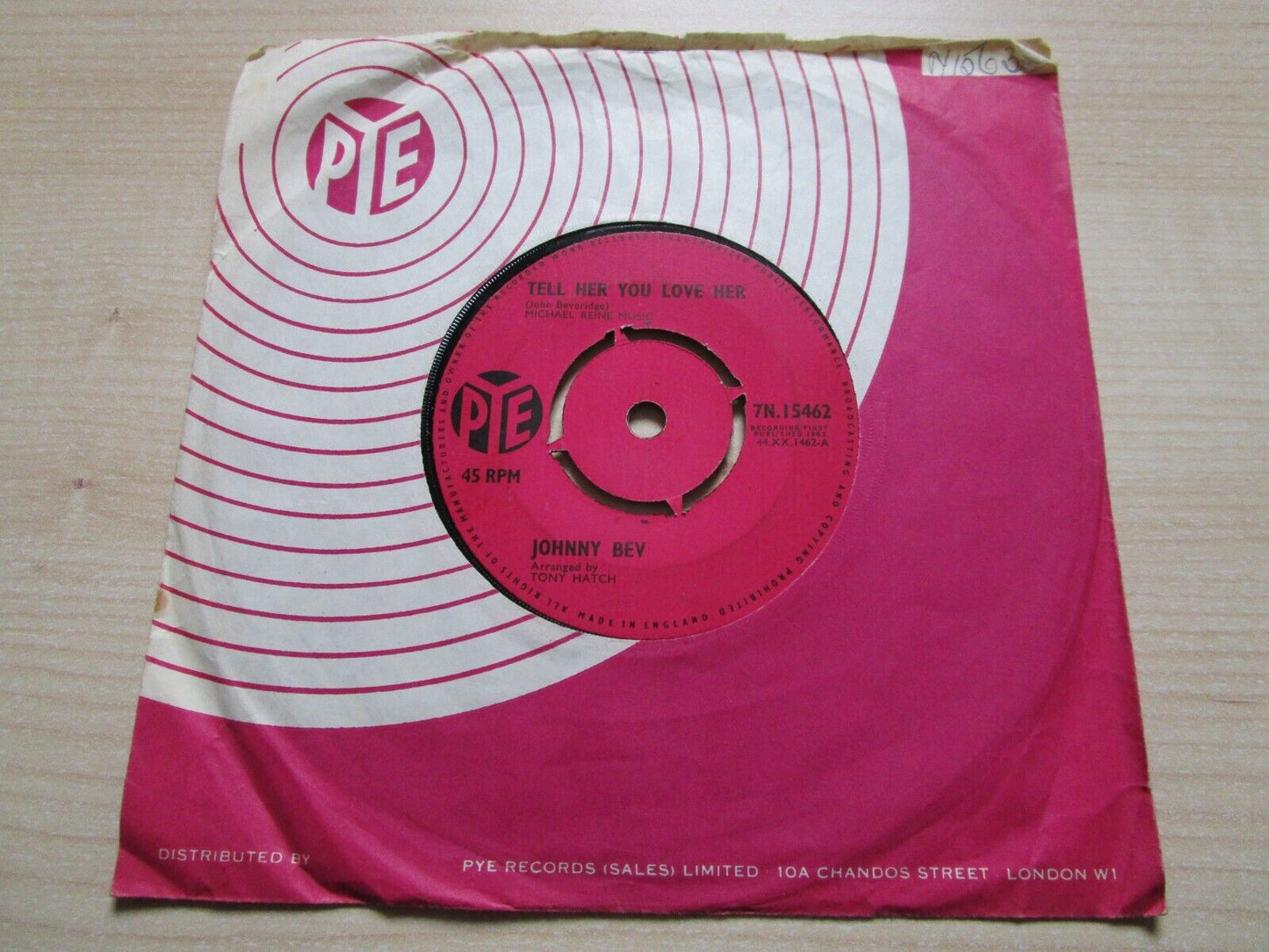 Image of Front Cover of 3214208C: 7" - JOHNNY BEV, Tell Her You Love Her (Pye Records; 7N 15462, UK 1962, Company Sleeve, 4 Prong Centre) Initials written on B side label, vinyl slightly fogged, plays fine. Later issue sleeve.  VG/VG