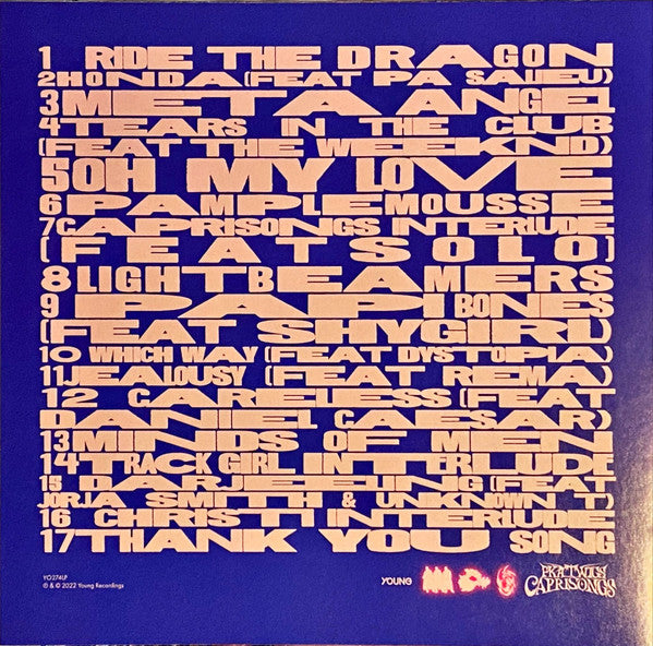 Image of Back Cover of LP - VG/VG+ - FKA TWIGS, Caprisongs (Young Turks; YO274LP, Worldwide 2022, Inner, Glow In The Dark Vinyl), , FKA Twigs mixtape CAPRISONGS finally available physically. Features guest appearances from The Weeknd, Jorja Smith, Pa Salieu, Rema, Shygirl, Unknown T and Daniel Caesar as well as a host of twigs  close friends and community. - 2026294E