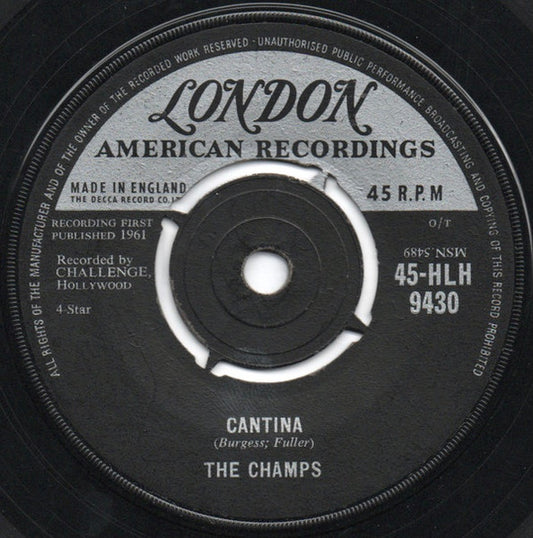 Image of Front Cover of 3214218C: 7" - THE CHAMPS, Cantina / Panic Button (London Records; 45-HLH 9430, UK 1961, Company Sleeve, No Matrix Parentheses On Label) Small writing on sleeve.  VG/VG+