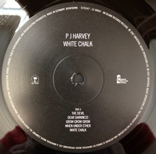 Image of Label Cover of LP - VG+/VG+ - P J HARVEY, White Chalk (Island Records; 0725347, Europe 2021 Reissue, Textured Sleeve, Inner, 180 Gram Vinyl), Light marks and hairlines on A side. Small crease on sleeve.,  - 3246242S