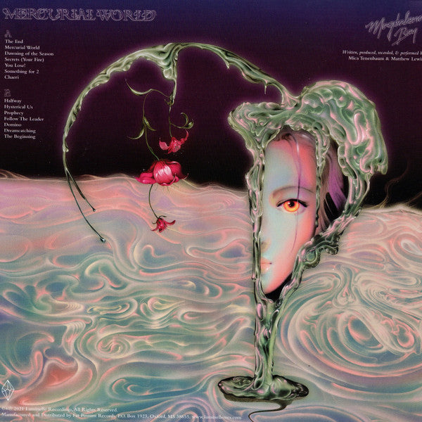 Image of Back Cover of LP - VG+/VG - MAGDALENA BAY, Mercurial World (Luminelle Recordings; LUM030LP, US 2021, Gatefold, Inner & Insert, Limited To 300 On Red With White Swirl Vinyl), Start of small split on top seam of sleeve.,  - 2116144C