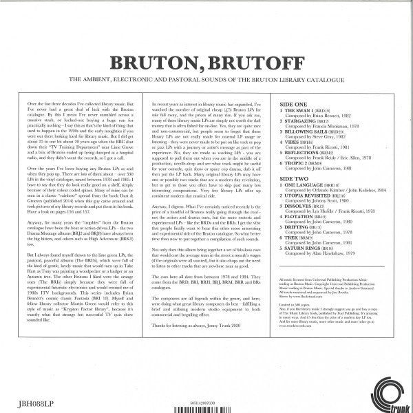 Image of Back Cover of 3244274S: LP - VARIOUS ARTISTS, Bruton Brutoff (Trunk Records; JBH088LP, UK 2021 Reissue, Sticker, Orange Vinyl)   EX/EX