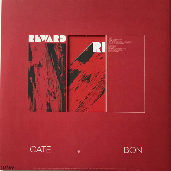 Image of Back Cover of 3244252S: LP - CATE LE BON, Reward (Mexican Summer; MEX250, UK 2019, Die-Cut Gatefold, Inner & Insert, Red Splatter Vinyl) With signed insert. 630/800.   VG+/VG+