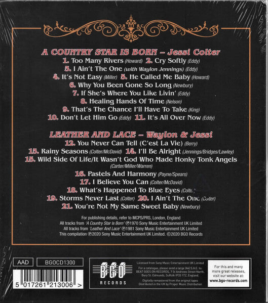 Image of Back Cover of 3234206E: CD - JESSI COLTER / WAYLON AND JESSI, A Country Star Is Born / Leather And Lace (BGO Records; BGOCD1300, UK 2020, Card Slipcase with Jewel Case inside, Booklet)   EX/EX