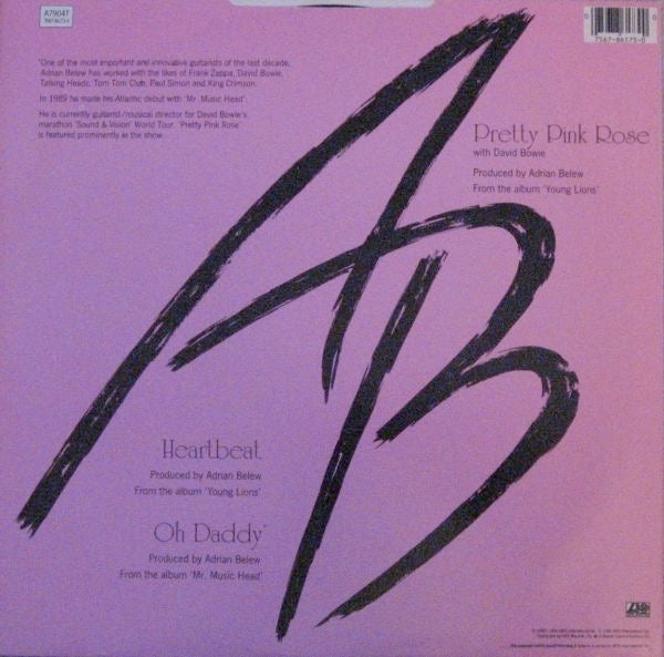 Image of Back Cover of 3214431C: 12" - ADRIAN BELEW FEATURING DAVID BOWIE, Pretty Pink Rose (Atlantic; A7904T, UK 1990, Picture Sleeve) Sticker Damage To Sleeve  VG/VG+