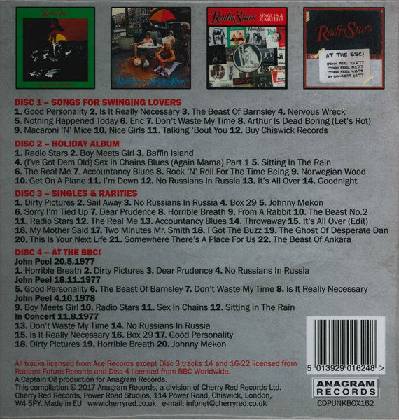 Image of Back Cover of 3234217E: 4xCD - RADIO STARS, Thinking Inside The Box - Songs For Swinging Lovers, Holiday Album, Singles and Rarities, At the BBC (Anagram Records; CDPUNKBOX162, UK 2017, Box Set, Booklet)   EX/EX