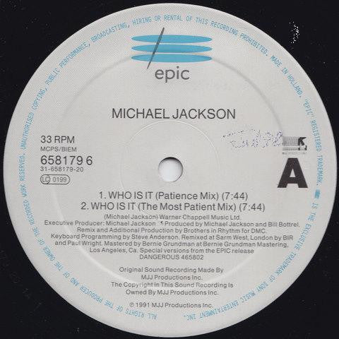 Image of Label Cover of 3314019C: 12" - MICHAEL JACKSON, Who Is It (Epic; 658179 6, UK & Europe 1992, Picture sleeve) Marks on disc. Light wear to sleeve with evidece of previous price sticker.  VG/VG