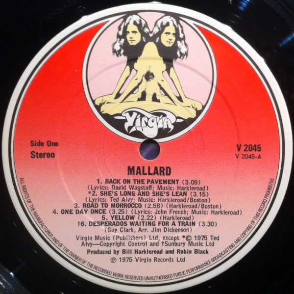 Image of Label of 3324051E: LP - MALLARD, Mallard (Virgin Red with Drawing; V 2045, UK 1976 Reissue, Ex Members of Beefheart's Magic Band)   G+/VG+