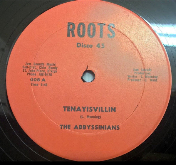 Image of Back Cover of 3344119S: 12" - ABYSSIANIANS, JAM SOUNDS ALL STARS, Tenayisvillin / Disco Beat (Jam Sounds; 008, US 1980s, Company Sleeve) Nice clean disc with clean labels.   VG/VG+