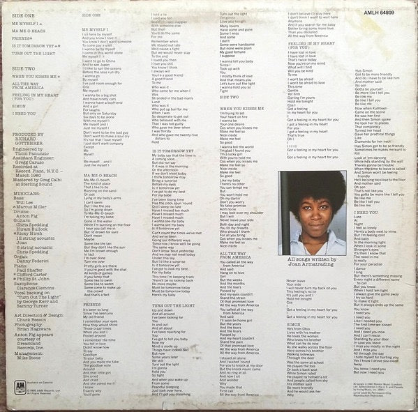 Image of Back Cover of 4914104C: LP - JOAN ARMATRADING, Me Myself I (A&M Records; AMLH 64809, UK 1980, Inner)   VG/VG+