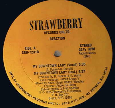 Image of Front Cover of 3324184E: 12" - REACTION, My Downtown Lady / Hunter (Strawberry Records Unltd.; SRU-72310, US 1985, Plain Red Sleeve) Strong VG  /VG