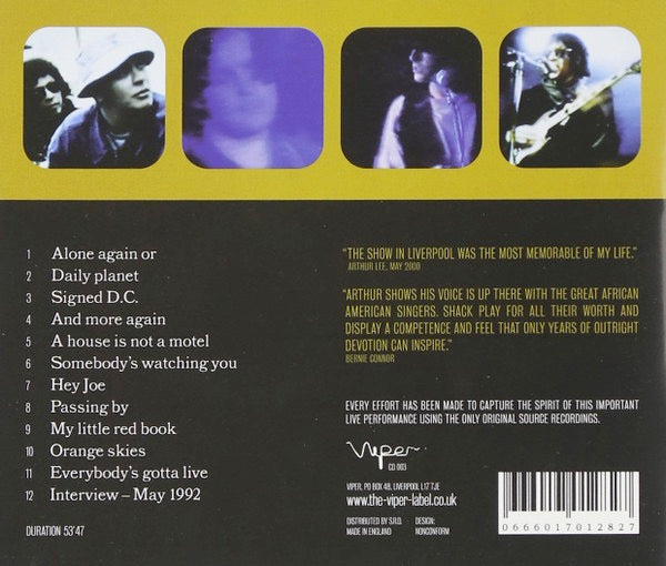 Image of Back Cover of 3314168C: CD - ARTHUR LEE ACCOMPANIED BY SHACK, A Live Performance At The Academy, Liverpool May 1992 (Viper; CD 003, UK 2000, Jewel Case)   VG+/VG+