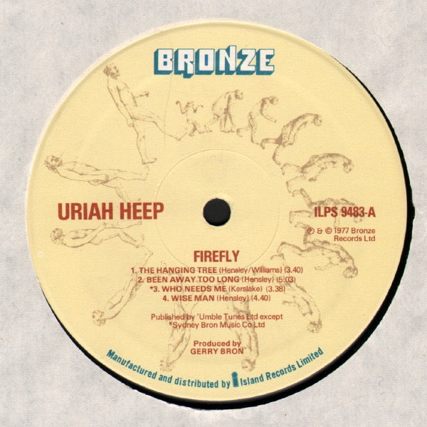 Image of Label of 3314192C: LP - URIAH HEEP, Firefly (Bronze; ILPS 9483, UK 1977, Gatefold, Inner, With Firefly 1977 tour programme & J.G Windows voucher.) Strong VG  VG/VG