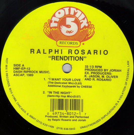 Image of Front Cover of 12" - /VG - RALPHI ROSARIO, Rendition EP (Hot Mix 5; HMFEP12, US 1989), light marks only,  - 2246189S