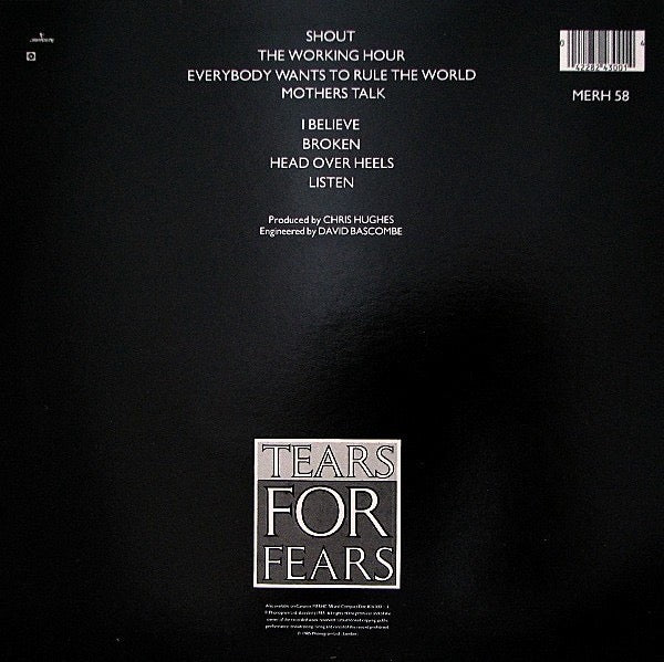 Image of Back Cover of LP - VG/G+ - TEARS FOR FEARS, Songs From The Big Chair (Mercury; MERH 58, UK 1985, Inner, Side 2 label only track 1 is printed above spindle hole), Strong G+ - hairlines and scuffs across side 2. Ring wear. Gold hype sticker on front. ,  - 3026254E