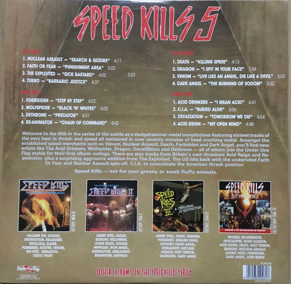 Image of Back Cover of 3324287E: LP - VARIOUS ARTISTS, Speed Kills 5 (Head Crushing Metal) (Under One Flag ; FLAG 46, UK 1990, Gatefold) Water Damage To Sleeve  G/VG+