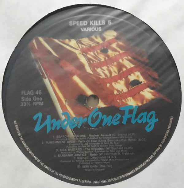 Image of Label of 3324287E: LP - VARIOUS ARTISTS, Speed Kills 5 (Head Crushing Metal) (Under One Flag ; FLAG 46, UK 1990, Gatefold) Water Damage To Sleeve  G/VG+