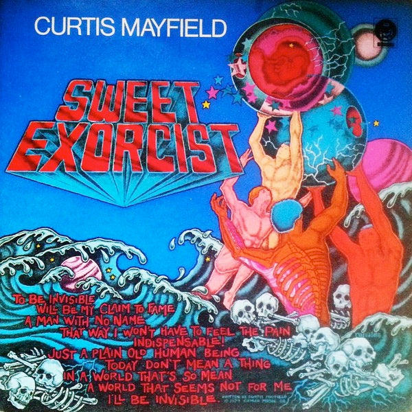 Image of Front Cover of 3314262C: LP - CURTIS MAYFIELD, Sweet Exorcist (Buddah Records; BDLH 5001, UK 1974, Gatefold) Record very slightly dished. Sleeve has writing on front (also on label), ring wear, edge and corner wear / damage, spine too. Also some scuffs, creases and stains  G+/G+