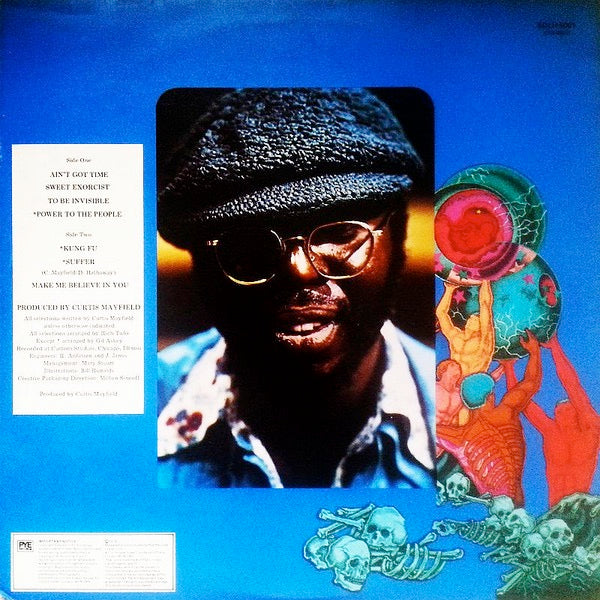 Image of Back Cover of 3314262C: LP - CURTIS MAYFIELD, Sweet Exorcist (Buddah Records; BDLH 5001, UK 1974, Gatefold) Record very slightly dished. Sleeve has writing on front (also on label), ring wear, edge and corner wear / damage, spine too. Also some scuffs, creases and stains  G+/G+