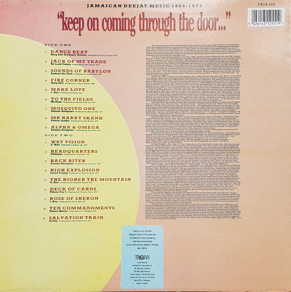 Image of Back Cover of LP - VG/VG - VARIOUS ARTISTS, Keep On Coming Through The Door - Jamaican Deejay Music 1969-1973 (Trojan Records ; TRLS 255, UK 1988), Conservative grading, shiny copy. Light wear on sleeve.,  - 3016143C