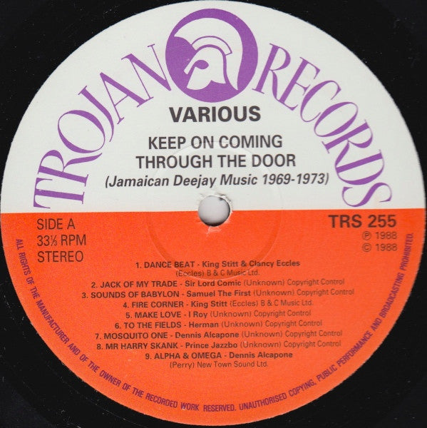 Image of Label Cover of LP - VG/VG - VARIOUS ARTISTS, Keep On Coming Through The Door - Jamaican Deejay Music 1969-1973 (Trojan Records ; TRLS 255, UK 1988), Conservative grading, shiny copy. Light wear on sleeve.,  - 3016143C