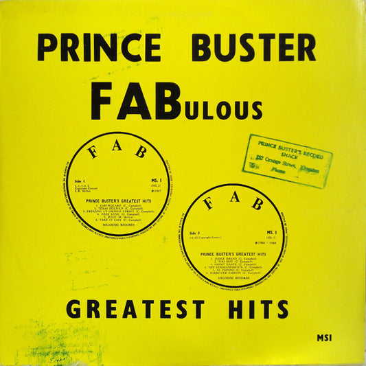 Image of Front Cover of 3314324C: LP - PRINCE BUSTER, Fabulous Greatest Hits (Prince Buster; MS1, Jamaica 1990s Reissue) Slightly foggy pressing, light marks. Buster Record Shop stamps on sleeve.  VG+/VG