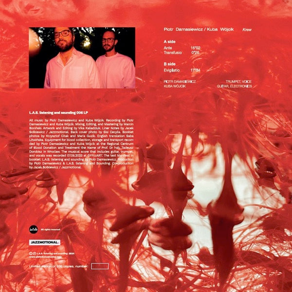 Image of Back Cover of 3314346C: LP - PIOTR DAMASIEWICZ, KUBA W JCIK, KREW (L.A.S. Listening And Sounding; 006 LP, Poland 2024, Gatefold, Insert, Red Vinyl; Stereo) Shrink-wrap  VG+/EX