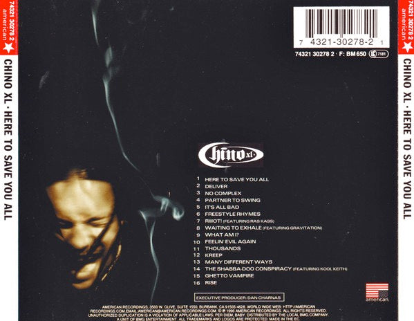 Image of Back Cover of 3314354C: CD - CHINO XL, Here To Save You All (American Recordings; 74321 30278 2, Europe 1996, Jewel Case)   VG+/VG+