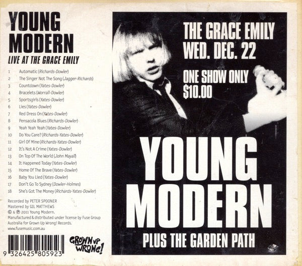 Image of Back Cover of 3234324E: CD - YOUNG MODERN, Live At the Grace Emily 22.12.2010 (Grown Up Wrong!; GUW!CD001, Australia 2010 Reissue, Digipak)   EX/EX