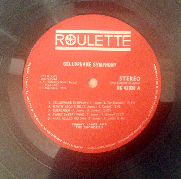 Image of Label of 3324481E: LP - TOMMY JAMES AND THE SHONDELLS, Cellophane Symphony (Roulette; SR-42030, South Africa 1969)   VG/VG