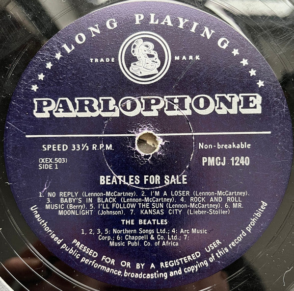Image of Label Cover of LP - G+/G - THE BEATLES, Beatles For Sale (Parlophone; PMCJ1240, South Africa 1964, Laminated Inside Loading Gatefold Sleeve, Has Both "'Pressed For or By...' and 'Unauthorised Public Performance.. ' at Bottom of Label), Writing and tape damage inside gatefold. Side 2 has a slight matrix variation to discogs listing, XEX 504-3.,  - 2316262C
