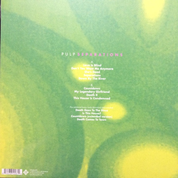 Image of Back Cover of 3414114C: LP - PULP, Separations (Fire Records; FIRELP26E, UK 2022 Reissue, Inner, Postcard) Still In Stickered Shrinkwrap  EX/EX