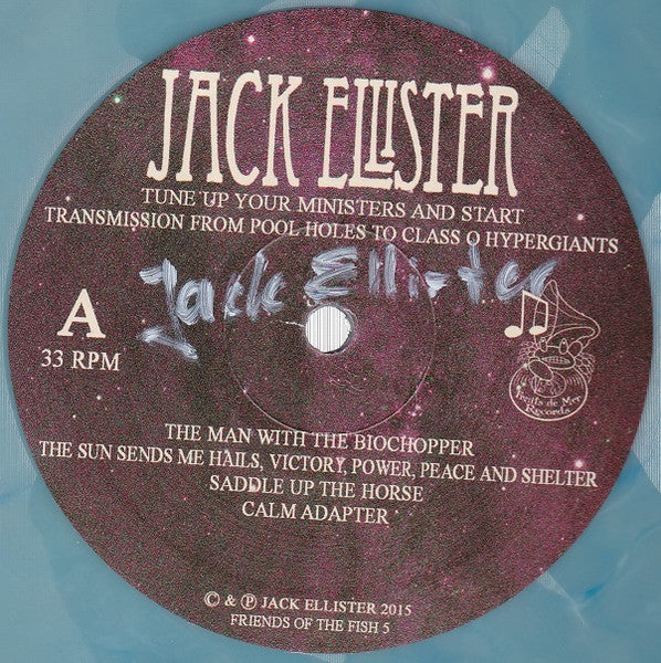 Image of Back Cover of 3444170S: LP - JACK ELLISTER, Tune Up Your Ministers And Start Transmission From Pool Holes To Class O Hypergiants (Fruits de Mer Records; Friends Of The Fish 5, UK 2016, Limited Edition, Numbered, Aqua Marbled)   VG+/VG+