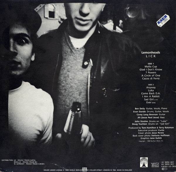 Image of Back Cover of LP - G+/VG - LEMONHEADS, Lick (World Service; SERV007, UK 1989, Textured Sleeve, Damont Pressing), Strong VG - a few light marks, edge & ring wear, sticker damage,  - 3846053S