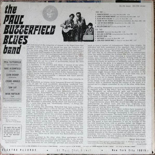 Image of Back Cover of 3424150E: LP - THE PAUL BUTTERFIELD BLUES BAND, The Paul Butterfield Blues Band (Elektra; EKL-294, UK 1965) Cover has a little staining, smudged corners and some wear but generally in good shape. Vinyl has some light hairlines.   VG/VG