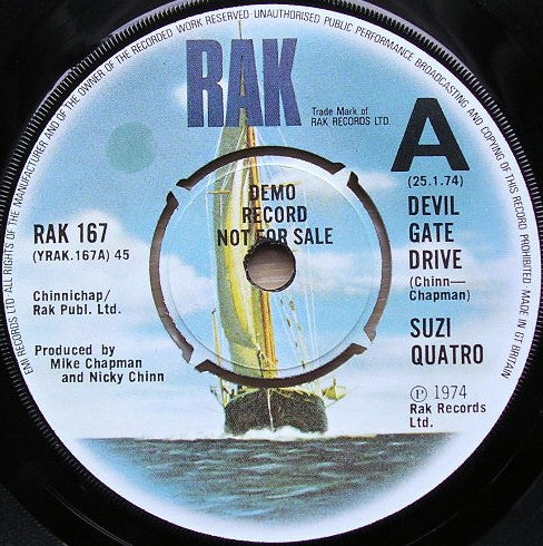 Image of Front Cover of 3414271C: 7" - SUZI QUATRO, Devil Gate Drive (RAK; RAK 167, UK 1974, Promo, Company Sleeve) Light little marks and scuffs.  VG+/G+