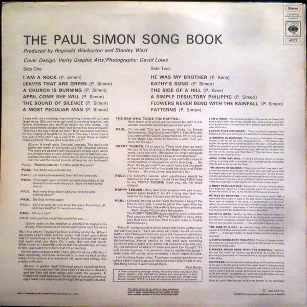 Image of Back Cover of 4725092E: LP - PAUL SIMON, The Paul Simon Song Book (CBS; 62579, UK 1970s Reissue, Company Inner) Strong VG+  VG+/VG+
