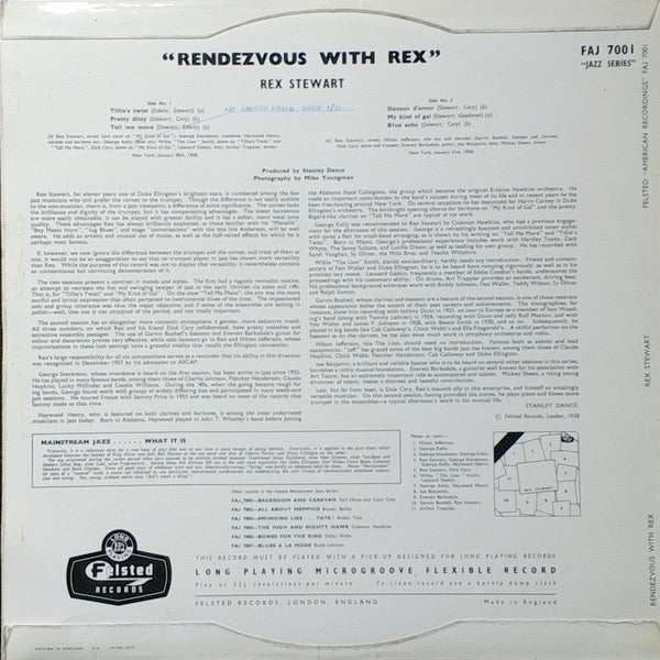 Image of Back Cover of 3414302C: LP - REX STEWART, Rendezvous With Rex (Felsted; FAJ 7001, UK 1959 Reissue, Laminated Flipback Sleeve, Mono) Sleeve has pen on reverse and some discolouration  VG/G