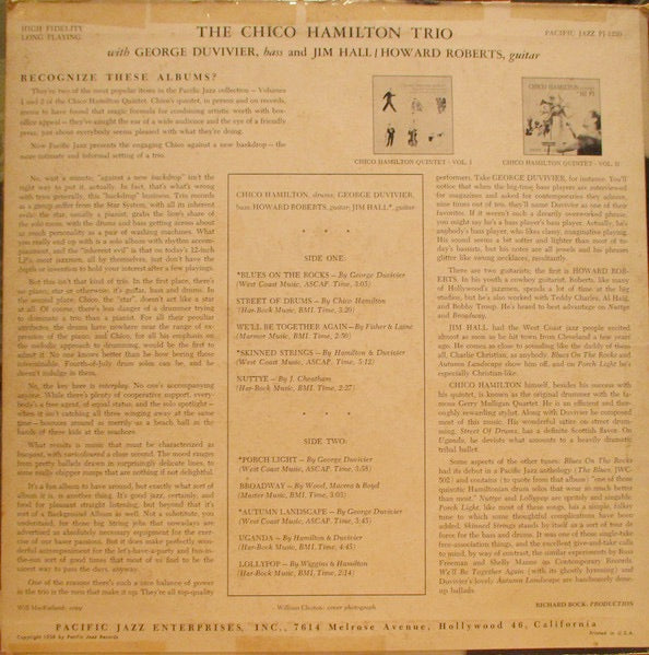 Image of Back Cover of 3414333C: LP - THE CHICO HAMILTON TRIO, The Chico Hamilton Trio (World Pacific Records; PJ-1220, US 1956 Reissue, Mono) Sleeve has split and damaged edges and spine, staining, discolouration, wear  G+/G