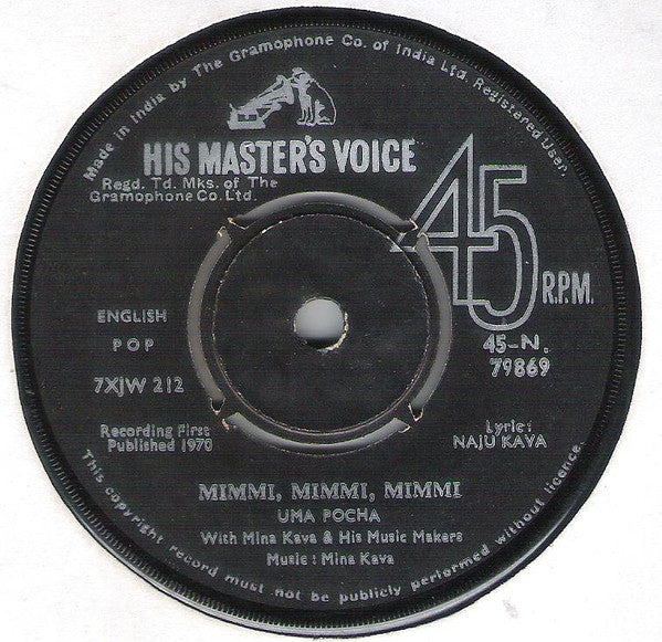 Image of Back Cover of 3454053S: 7" - FREDDY MORRIS / UMA POCHA, I'm So Happy Today / Mimmy, Mimmy, Mimmy (His Master's Voice; 45-N. 79869, India 1970)   /G+