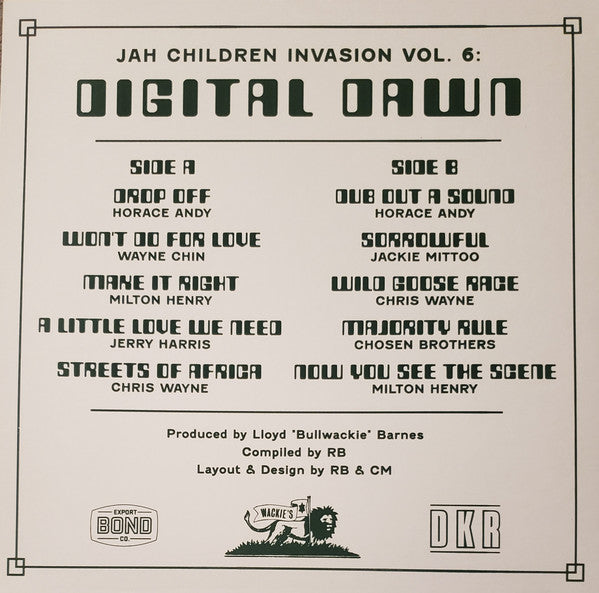 Image of Back Cover of 3414348C: LP - VARIOUS ARTISTS, Jah Children Invasion Vol. 6: Digital Dawn (Wackie's; DKR-276, US 2024) Brand new.  EX/EX