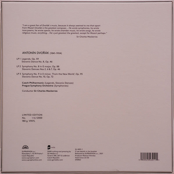 Image of Back Cover of 3424242E: 3xLP - SIR CHARLES MACKERRAS, CZECH PHILHARMONIC, PRAGUE SYMPHONY ORCHESTRA, Dvorak: Symphonies Nos 8 & 9 - Legends - Slavonic Dances (Supraphon; SU 4301-1, Czech Republic & Slovakia 2021, Box Set) Sealed  EX/EX