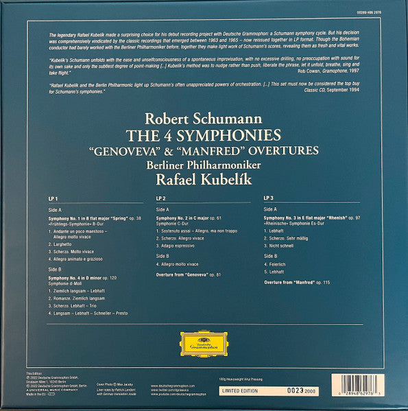 Image of Back Cover of 3424248E: 3xLP - ROBERT SCHUMANN, RAFAEL KUBELIK, BERLINER PHILHARMONIKER, Schumann - The 4 Symphonies (Deutsche Grammophon; 002894862976, Europe 2022, Box Set, Booklet, Numbered Limited Edition of 2,000)   VG+/EX