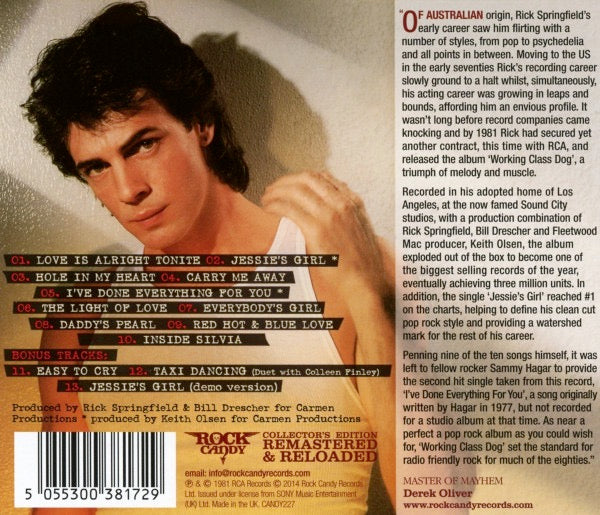 Image of Back Cover of 3434116E: CD - RICK SPRINGFIELD, Working Class Dog (Rock Candy; CANDY227, UK 1981 Reissue, Jewel Case, Booklet)   EX/EX